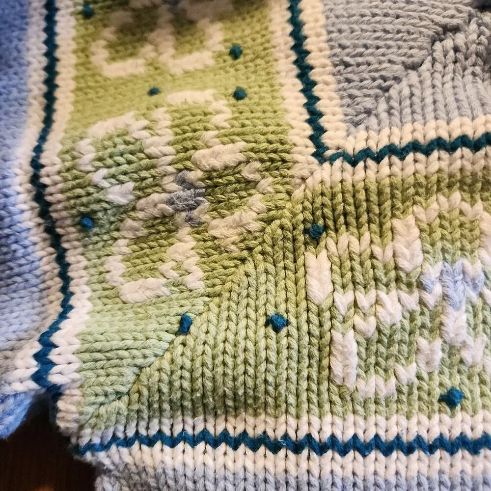 Vintage 80s Gymboree Turtleneck Sweater Blue Green w/ Flowers Girls Size M 3-4